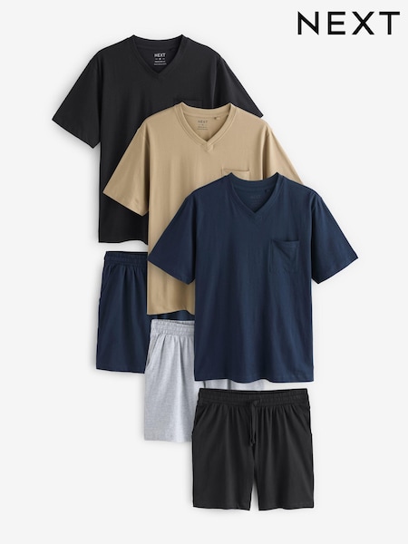 Navy Blue/Tan V-Neck Jersey Pyjamas 100% Cotton Shorts Set 3 Pack (E53987) | AED144