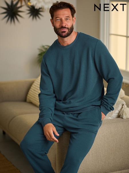 Teal Blue Soft Waffle Long Sleeve Pyjamas Set (E53996) | 89 QAR