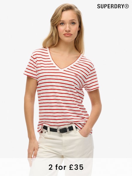 Superdry Red Slub Embroidered Relaxed V-Neck T-Shirt (E54025) | kr358