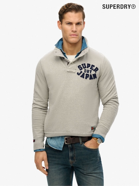 Superdry Vintage Sweat Light Grey Marl Vintage Athletic Relaxed Half Button Henley Sweatshirt (E54078) | R$ 640