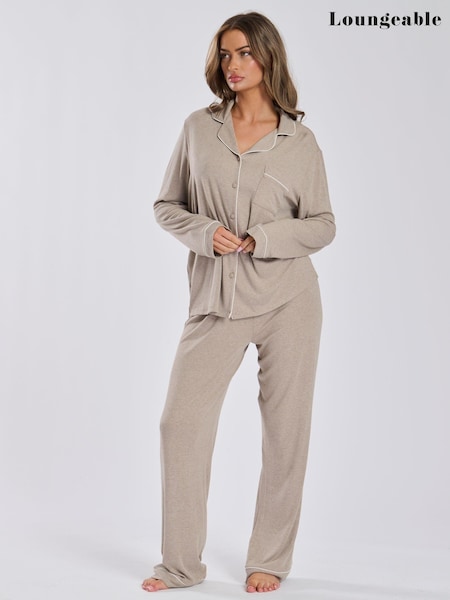 Vaaleanruskea - Loungeable Soft Jersey Ribbed Button Through Long Chocolate Pyjamas (E54109) | €57