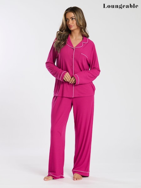 Vaaleanpunainen - Loungeable Soft Jersey Ribbed Button Through Long Chocolate Pyjamas (E54110) | €57