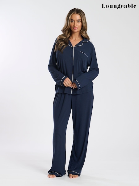 Sininen - Loungeable Soft Jersey Ribbed Button Through Long Chocolate Pyjamas (E54111) | €57