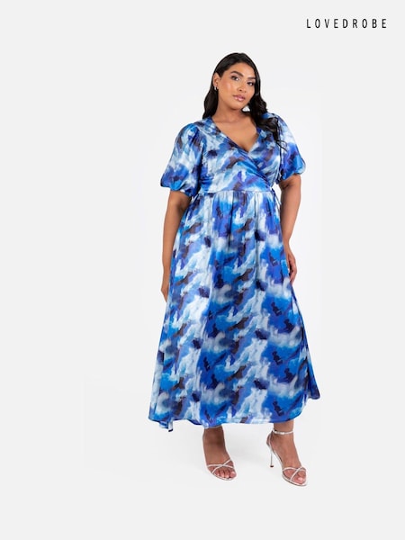 Lovedrobe Blue Satin Faunctional Wrap Puff Sleeve Midaxi Dress (E54183) | 148 QAR