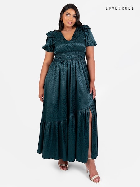 Lovedrobe Green Satin Jacquard Shirring Waist Wrap Front Maxi Dress (E54188) | 242 QAR