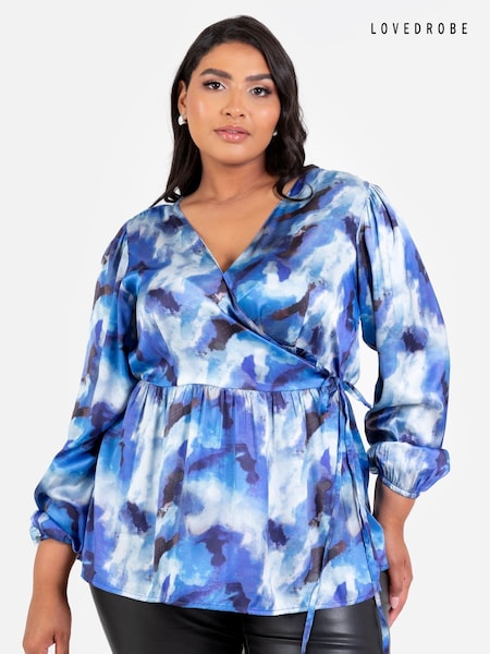 Lovedrobe Blue Satin Long Sleeve Wrap Top (E54195) | 146 LEI