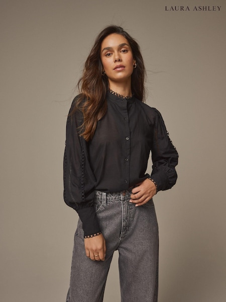 Laura Ashley Black Beauchamp Lace Trim Blouse (E54230) | ₪181