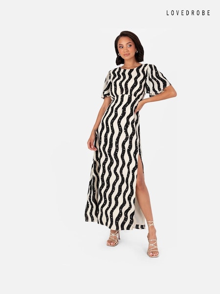 Lovedrobe Cream Mono Wave Print Curved Waist Angel Sleeve Midaxi Dress (E54277) | 53 €