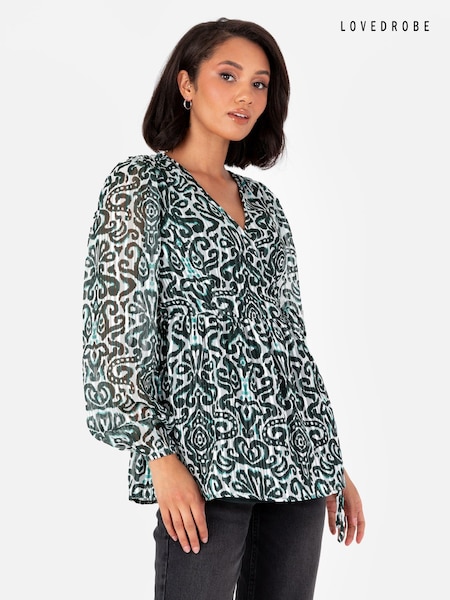 Lovedrobe Metalised Fibre Print Long Sleeve Wrap Top (E54279) | 146 LEI