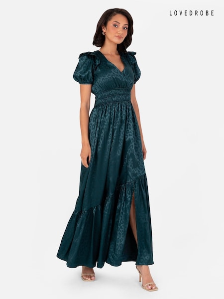 Lovedrobe Green Satin Jacquard Shirring Waist Wrap Front Maxi Dress (E54283) | 48 €