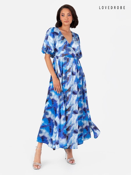 Lovedrobe Blue Satin Faunctional Wrap Puff Sleeve Midaxi Dress (E54286) | €39