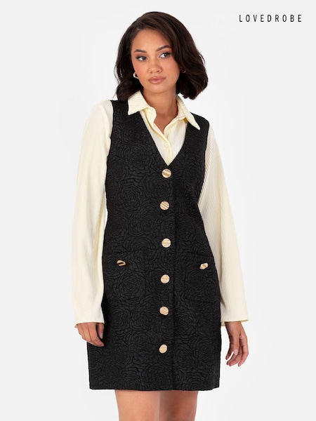 Lovedrobe Rose Jacquard Button Front Pinafore Black Dress (E54290) | 42 €