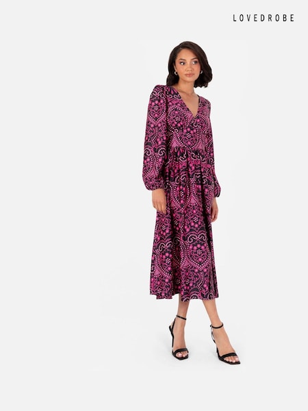 Lovedrobe Pink Satin Button Front Long Sleeve Midi Dress (E54293) | AED160