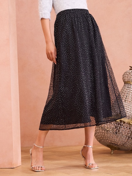 Love & Roses Black Glitter Mesh Full Midaxi Skirt (E54340) | €43