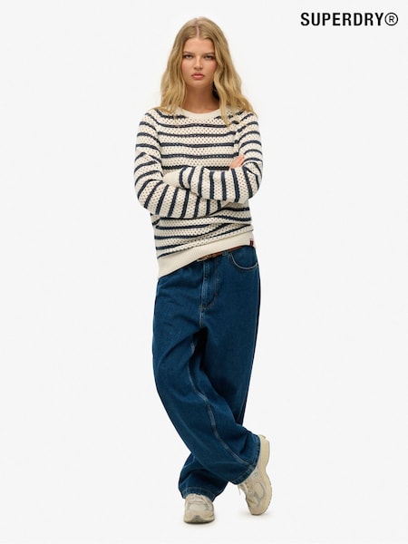 Superdry White Stripe Crochet Slouchy Crew 100% Cotton Sweatshirt (E54341) | kr985