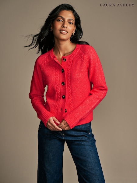 Roșu - Laura Ashley Knitted Cable Button Down Cardigan (E54373) | 203 LEI