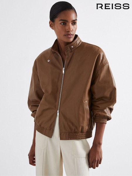Reiss Tan Dru Atelier Leather Latched-Collar Bomber Jacket (E54465) | €640