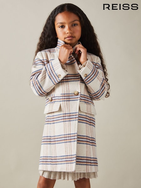 Reiss Brown Claude 4-9 yrs Wool Blend Checked Asymmetric Funnel Neck Coat (E54482) | AED922