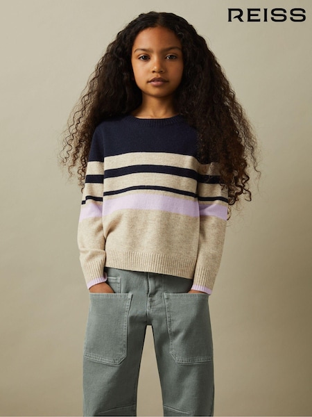 Reiss Navy Audrey 9-13 yrs Wool Blend Striped Crew Neck Jumper (E54483) | €58