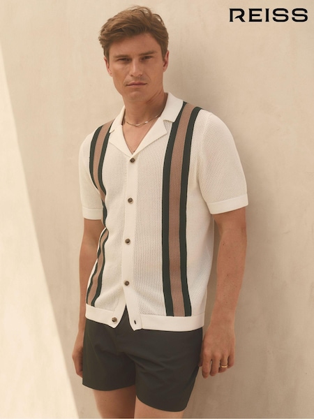 Reiss White/Dark Green Danube Reiss | Ché Knitted Contrast Stripe Cuban Collar Shirt (E54486) | €200