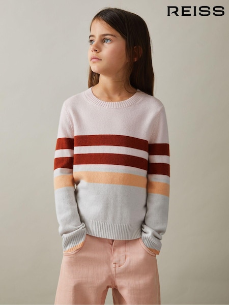 Reiss Pink Audrey 9-13 yrs Wool Blend Striped Crew Neck Jumper (E54487) | €58