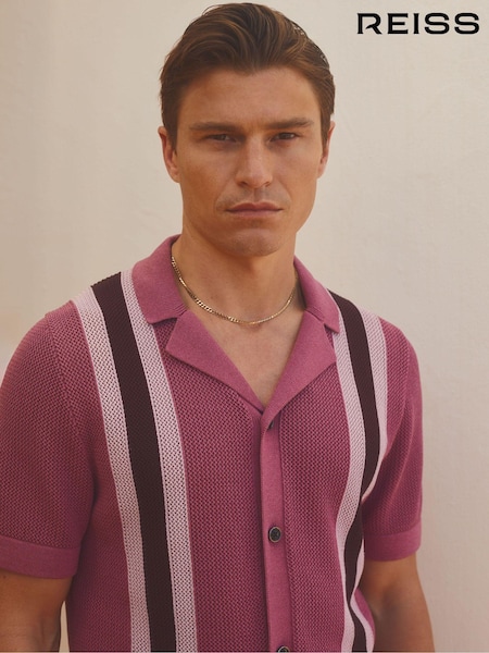 Reiss Pink Multi Danube Reiss | Ché Knitted Contrast Stripe Cuban Collar Shirt (E54492) | AED994