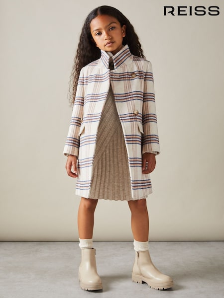 Reiss Brown Claude 9-13 yrs Wool Blend Checked Asymmetric Funnel Neck Coat (E54493) | AED994