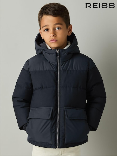 Reiss Navy Rigel 9-13 yrs Hooded Twill and Shell Puffer Jacket (E54507) | €125