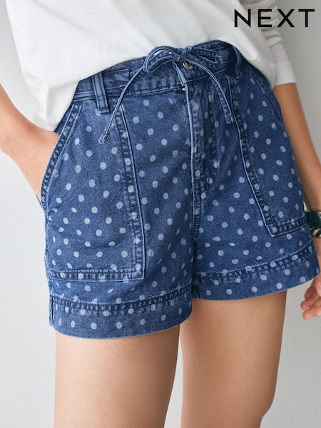 Dark Blue Polka Dot - Pull-on Utility Denim Shorts
