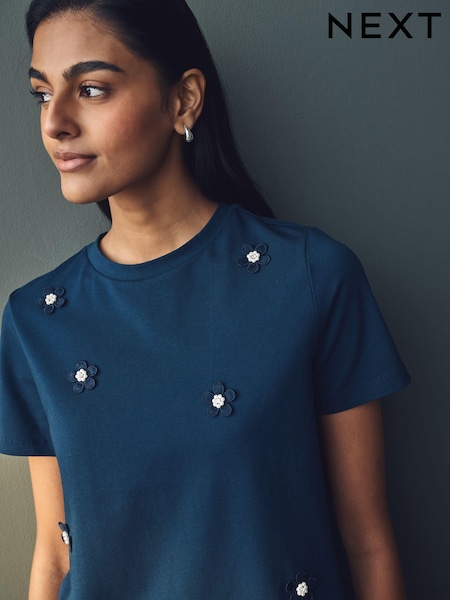 Navy Short Sleeve Floral Print Embellished T-Shirt (E54581) | $43