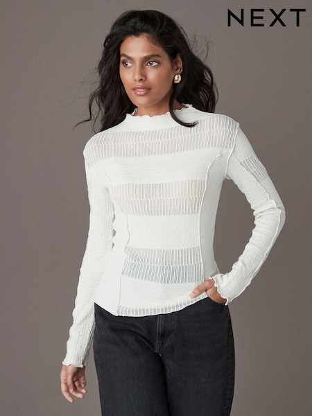 Ecru Mixed Mesh Seam Detail Long Sleeve Top (E54582) | 3,695 ISK