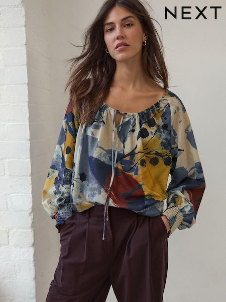 Sininen Kukallinen Printti; kuvio - Scoop Neck Long Sleeve Blouse (E54584) | €35