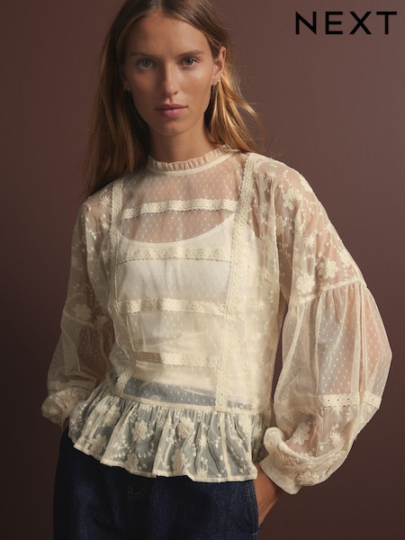 Cream Sheer Lace High Neck Blouse (E54586) | €20