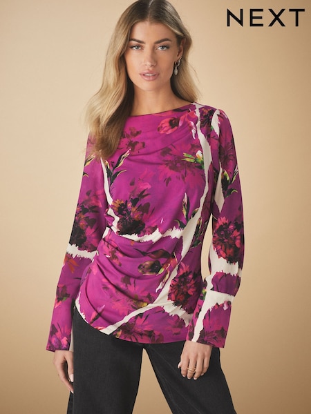 Pink Floral Print Tile Long Sleeve Ruched Detail Blouse (E54588) | AED102