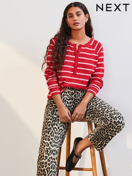 Pink/Red Stripe Long Sleeve Knitted Henley Top (E54599) | €37