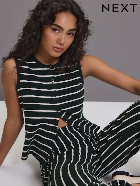 Green/Ecru Stripe Toweling Button Through 100% Cotton Waistcoat (E54609) | kr255