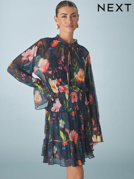 Военно-морской флот синий Цветы - Floral Mesh Tie Neck Mini Dress (E54612) | €36