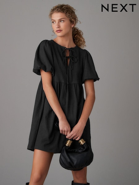 Black Textured Jersey Puff Sleeves Tie Front Detail Mini Dress (E54622) | €32