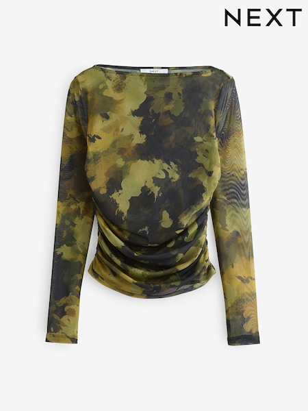Green Camouflage Long Sleeve Ruched Side Mesh Top (E54629) | €30