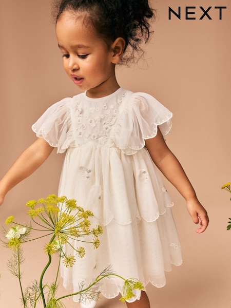 White Short Sleeve Embroidered Mesh Dress (3mths-7yrs) (E54784) | 114 QAR - 134 QAR