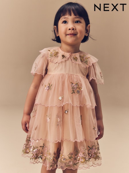 Peach Pink Short Sleeve Mesh Embellished Dress (3mths-7yrs) (E54786) | OMR17 - OMR19