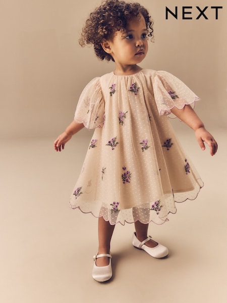 Neutral Short Sleeve Mesh Embellished Dress (3mths-7yrs) (E54789) | €36 - €42