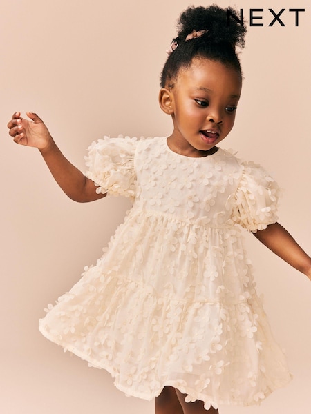 Ecru White Short Sleeve 3D Flowers Dress (3mths-7yrs) (E54790) | € 26 - € 31