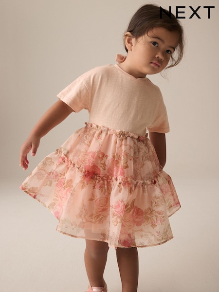 Pink Floral Short Sleeve Mesh Dress (3mths-7yrs) (E54793) | OMR9 - OMR10
