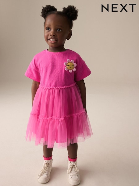 Bright Pink Character Short Sleeve Mesh Dress (3mths-7yrs) (E54794) | $27 - $31