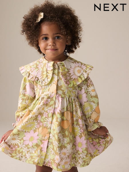 Green Floral Long Sleeve Collar Dress (3mths-7yrs) (E54821) | €14 - €16.50