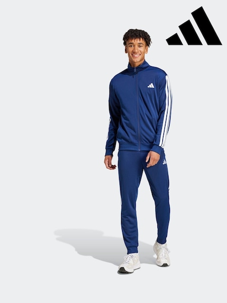 כחול  - חליפת ספורט טריקו בייסקי של Adidas ביגוד ספורט עם 3​​​​​​​-פסים (E54844) | ‏302‏₪
