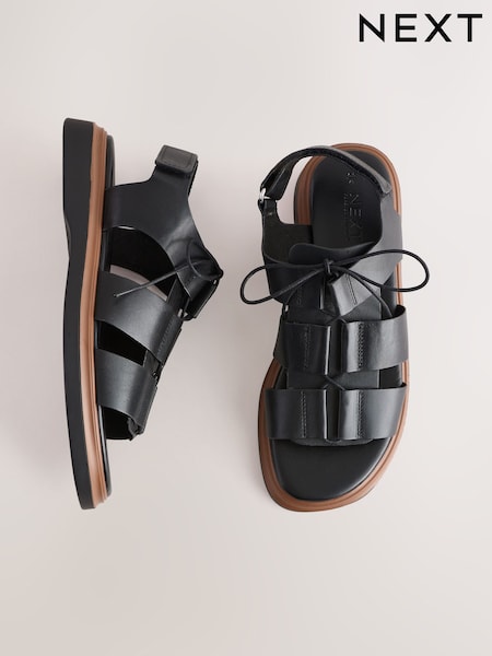 Black Leather Forever Comfort® Chunky Lace-Up Sandals (E55004) | $93