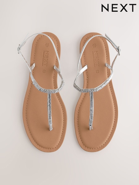 Silver Leather Standard/Wide Fit Forever Comfort® Jewelled T-Bar Toe Thong Sandals (E55021) | AED122