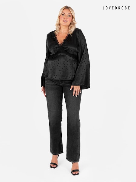Lovedrobe Spot Print Satin Long Sleeve Lace Trim Black Top (E55205) | 188 LEI